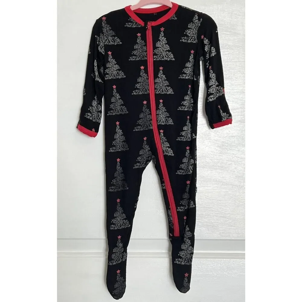 KICKEE PANTS Christmas Tree Foil One Piece Sleeper Pjs Zip Pajamas Black 6-9m
